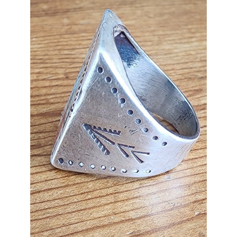 Vintage Mens Ring Native American Sterling Silver Thunderbird Turquoise Coral Chip Mosaic Navajo Inlay