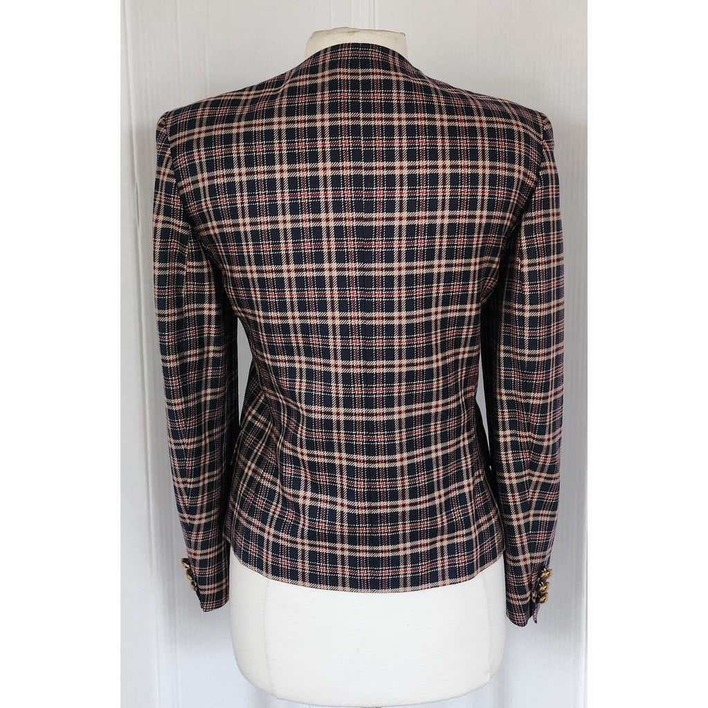 Vintage 80s Jaeger Blazer Navy Blue Brown Plaid Wool Blend