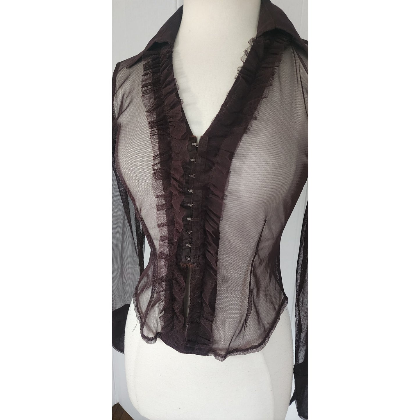 Vintage 90s Sheer Blouse Brown Mesh Ruffled Front