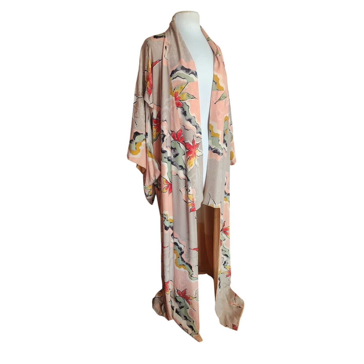 Vintage 1960s Traditional Japanese Silk Kimono Robe Floral Jacquard