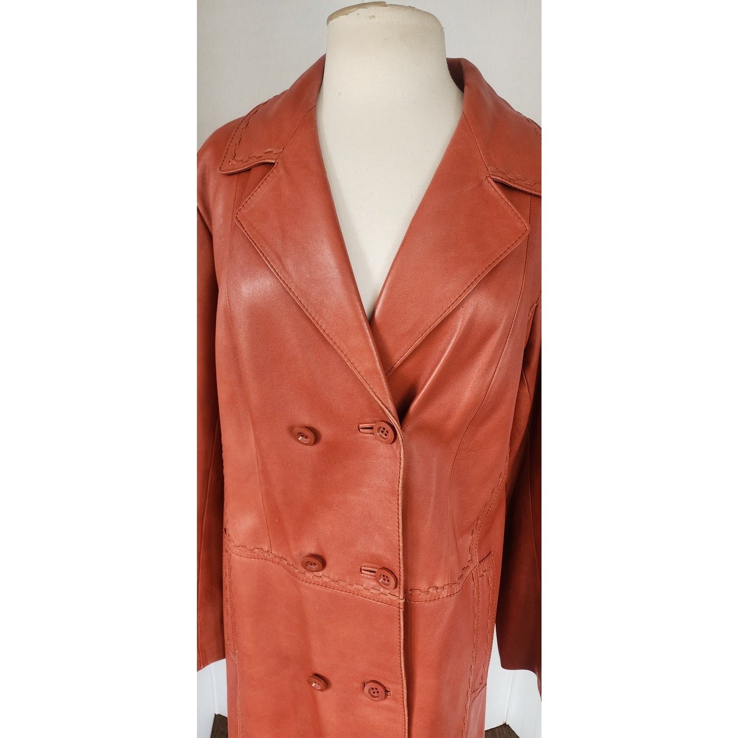 Vintage 70s Brown Leather Coat Hip Length Double Breasted / L
