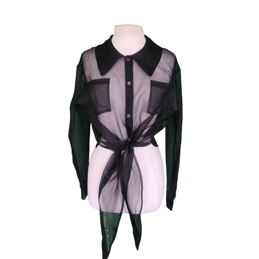 Vintage 90s Designer Blouse Black Sheer Silk Shirt Tie Front Victoria March Chicago