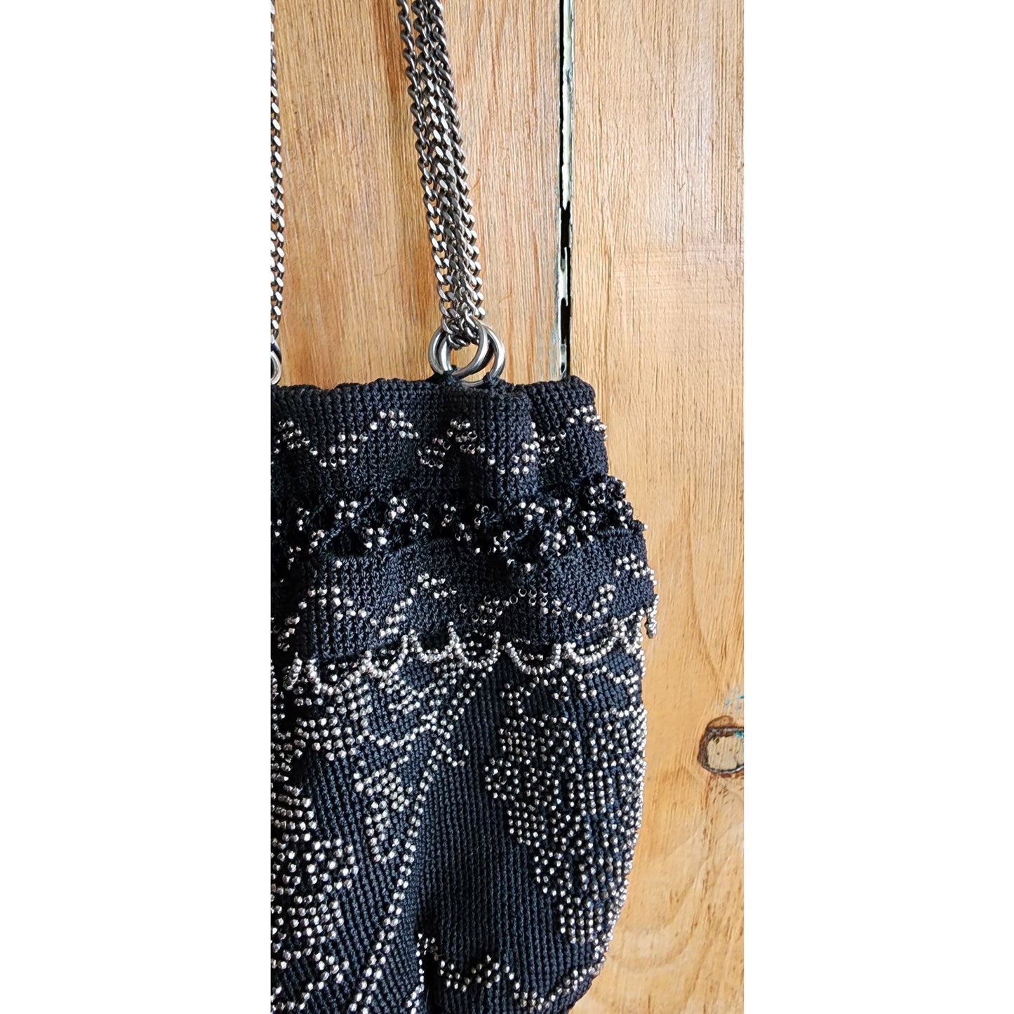 Vintage 20s Evening Bag Black Crochet w/Silver Beading