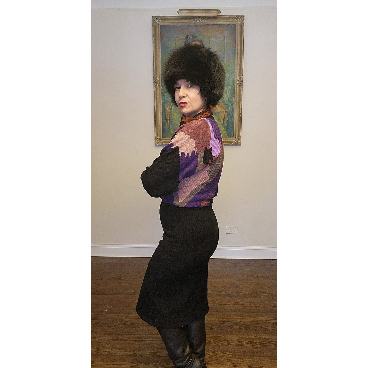 Vintage 1970s Sweater Dress by ADOLFO Saks Fifth Avenue Purple Pink Black Abstract Knit / M