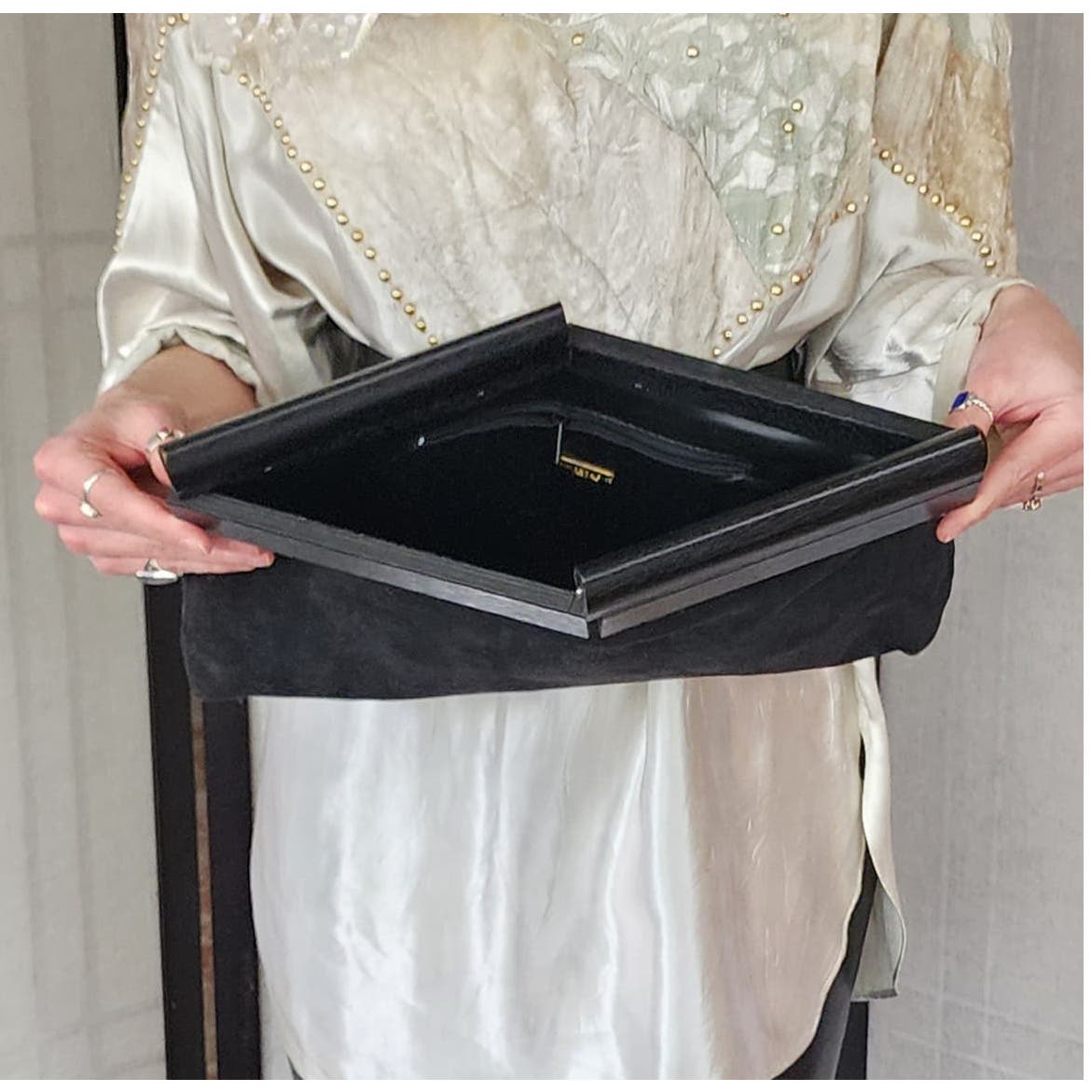 Vintage Black Suede Clutch Bag w/Wood Saks Fifth Ave