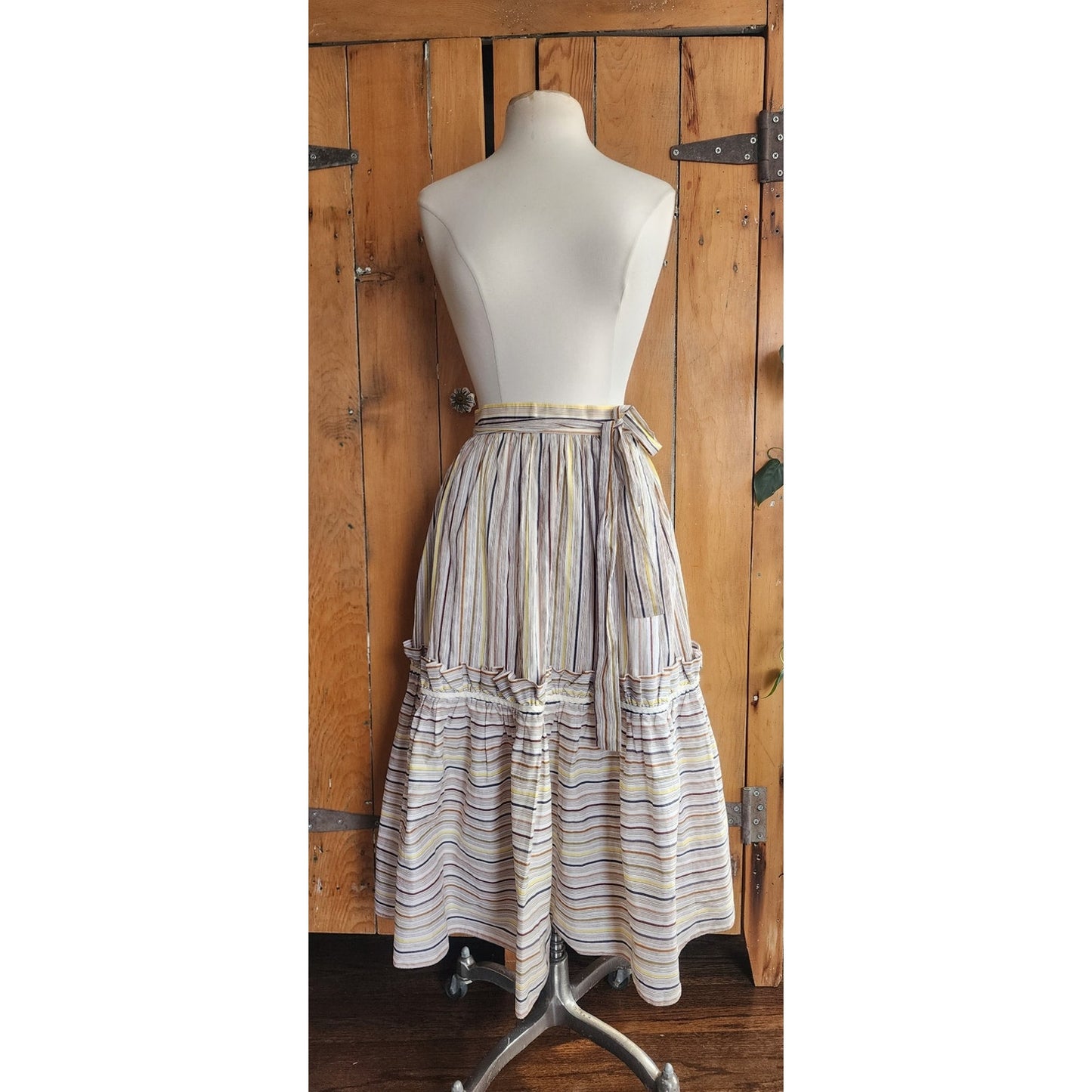 Vintage 70s Christian Dior Skirt Striped Cotton Print White Yellow Black  / S