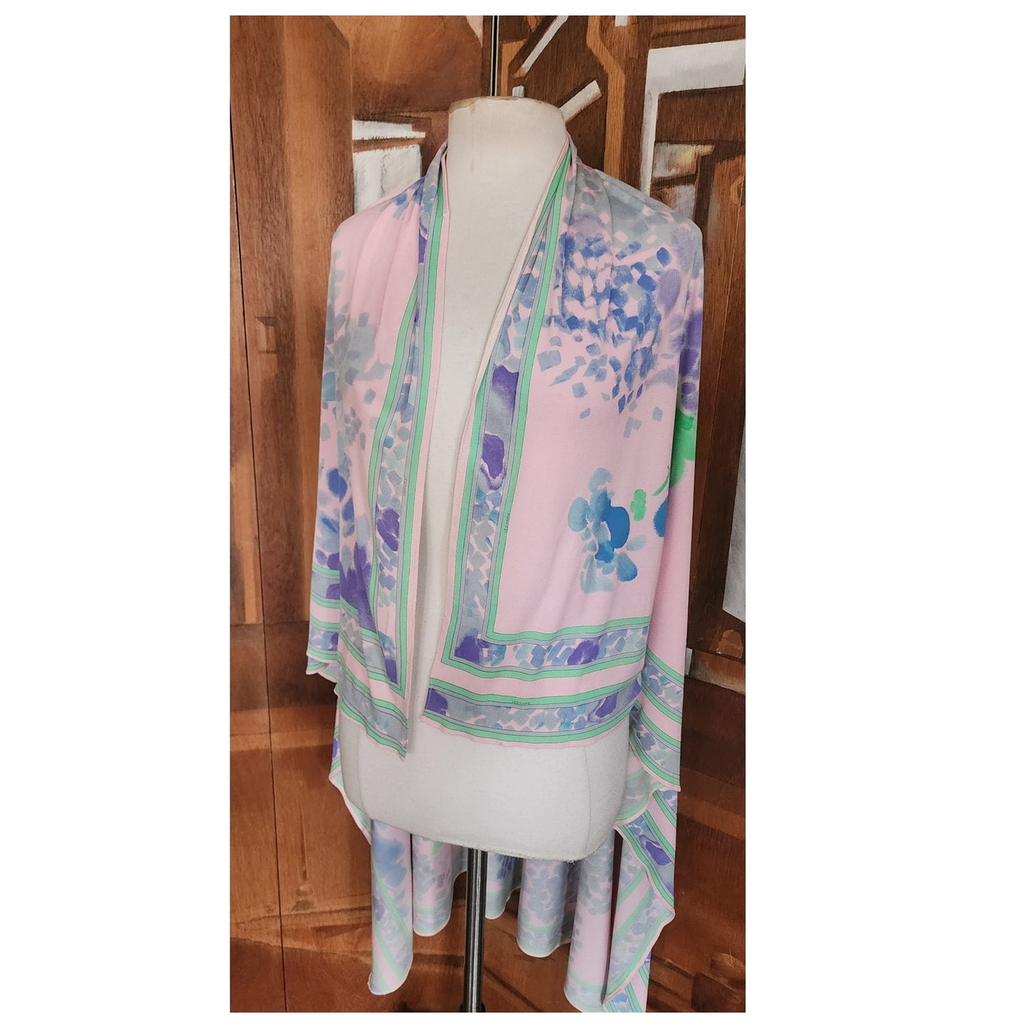 Vintage 70s LEONARD Silk Jersey Shawl Wrap Pastel Floral Print Impressionist