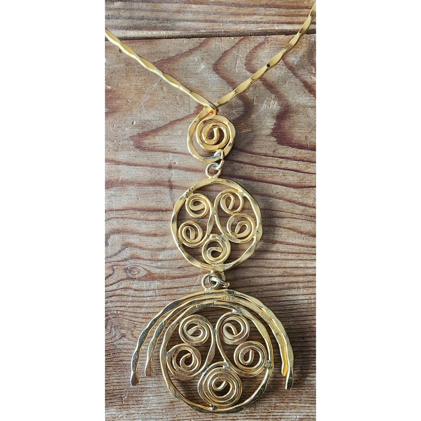 Vintage 70s Gold Necklace Spiral Disc Cascade Ancient Greek Style