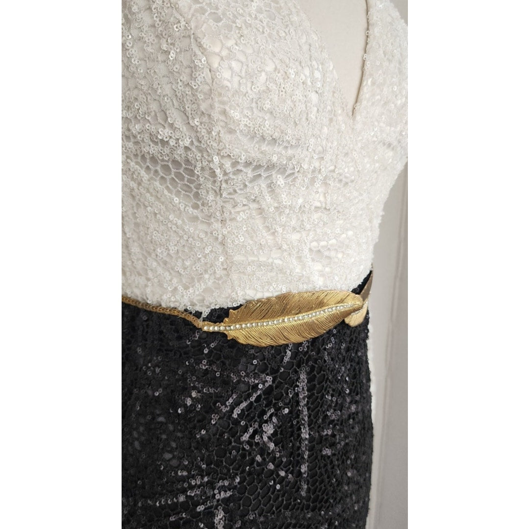 Vintage Evening Gown White Black Sequins Gold Leaf Belt w/Rhinestones