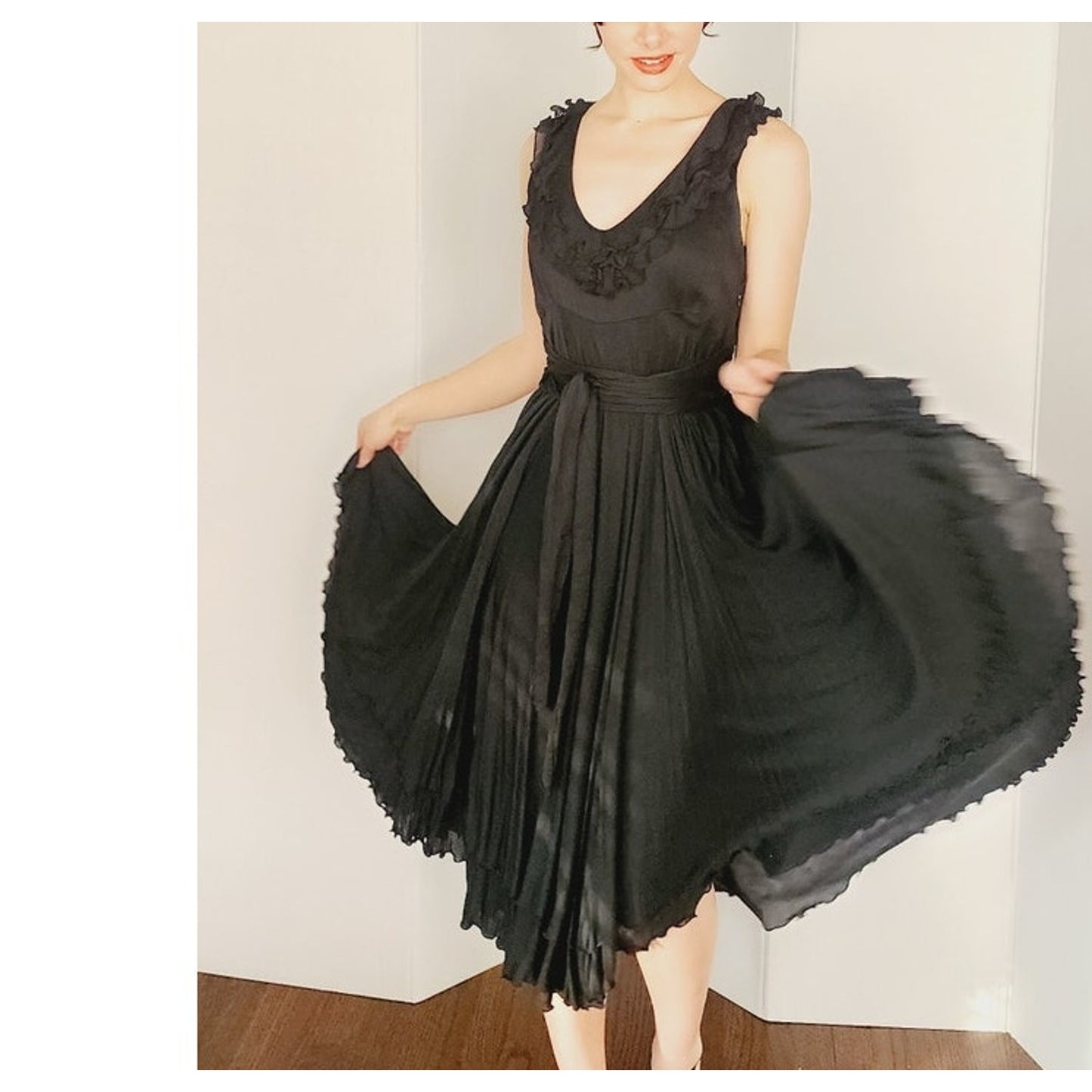 Vintage Y2K Etro Sun Dress Black Cotton w/ Asymmetrical Skirt Medium