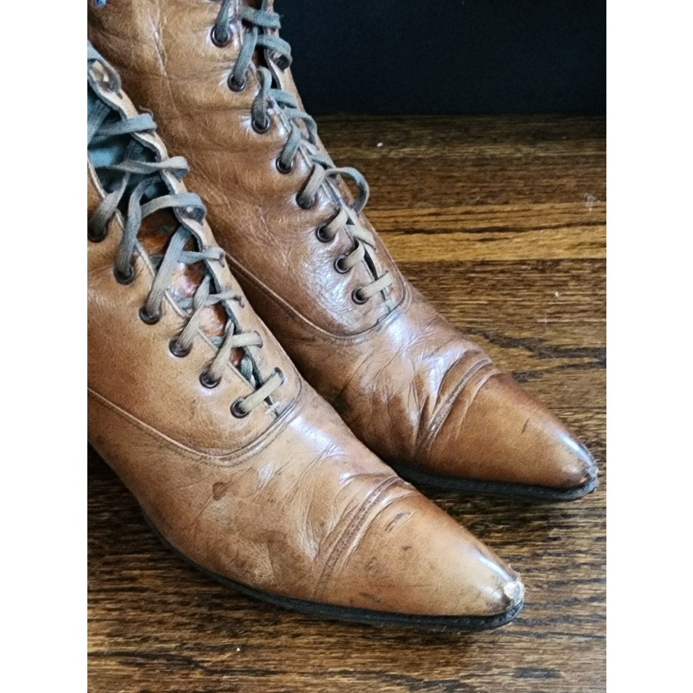 Antique Edwardian Granny Boots Brown Leather Lace Up 7