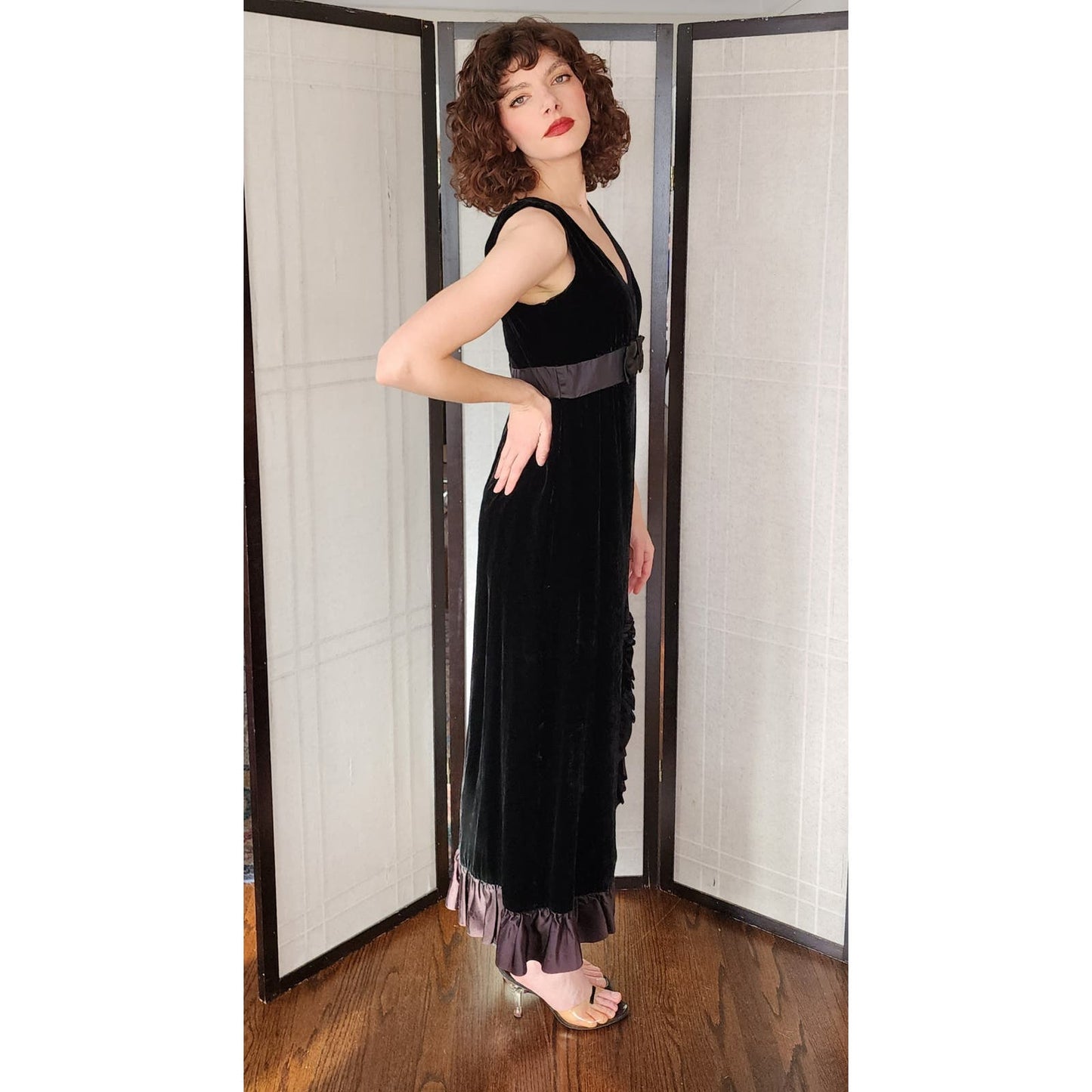 Vintage 60s Black Velvet Evening Dress Bow Ruffled Skirt