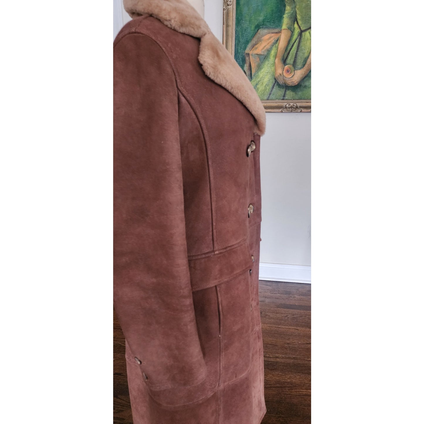 Vintage 1970s Shearling Coat Brown Suede Long Parka Double Breasted