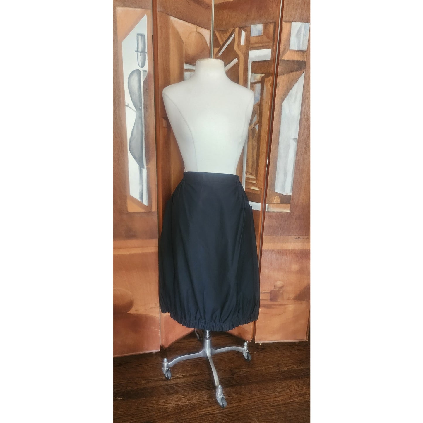 Vintage VUOKKO Finland Skirt Black Cotton Bubble Silhouette Elastic Hem Large Pockets
