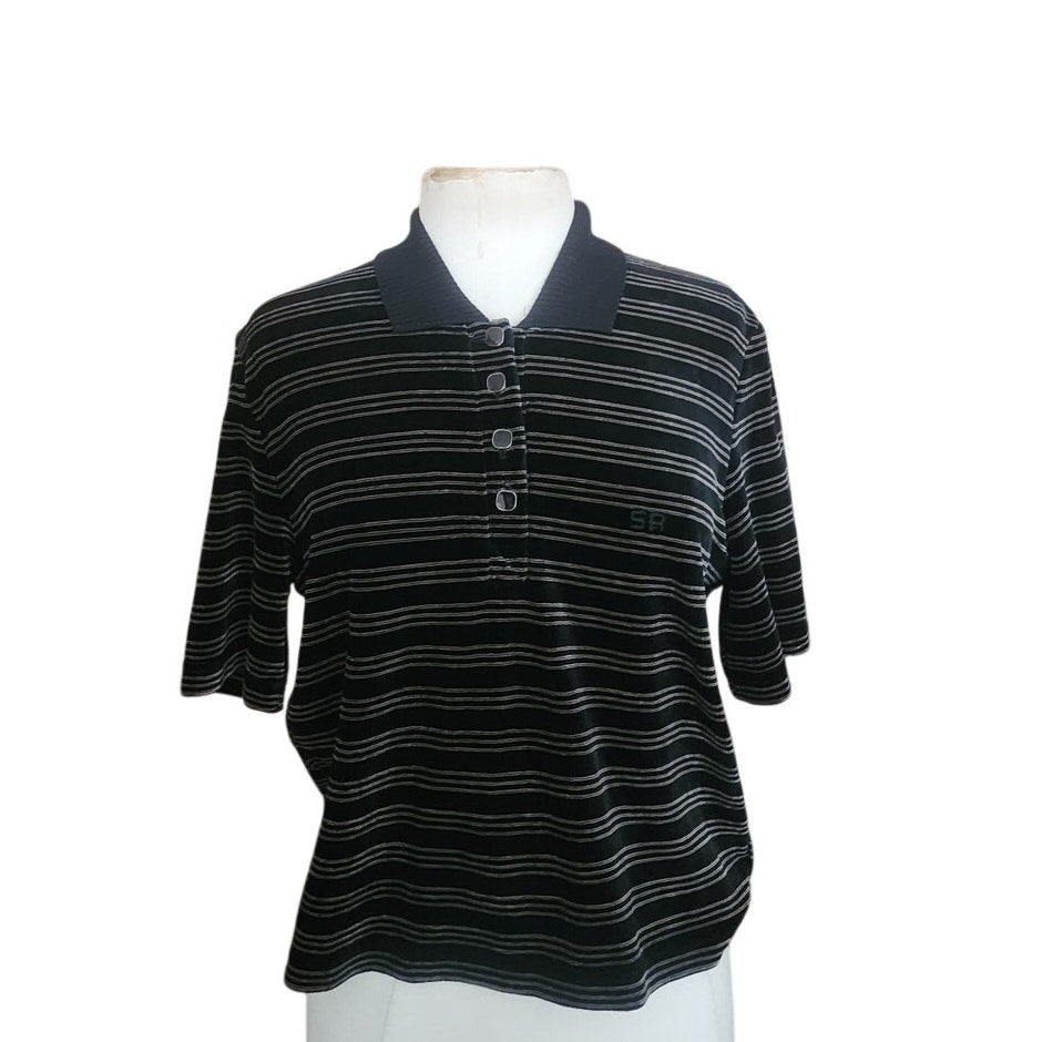 Vintage 1990s Sonia Rykie Velourl Top Black Gray Striped Short Sleeve Knit Polo Shirt