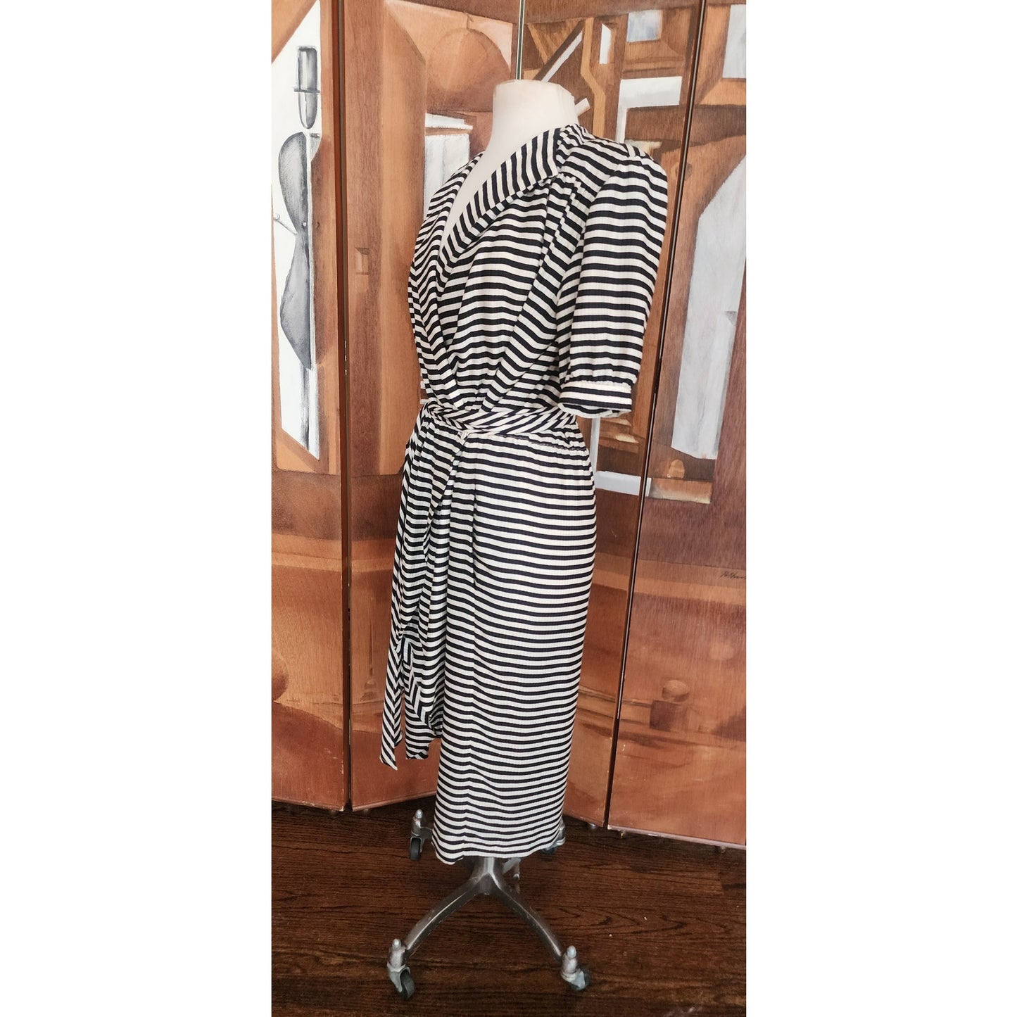 Vintage 1980s Archival Armani Dress Silk Striped Wrap Midi  White Label IT 38