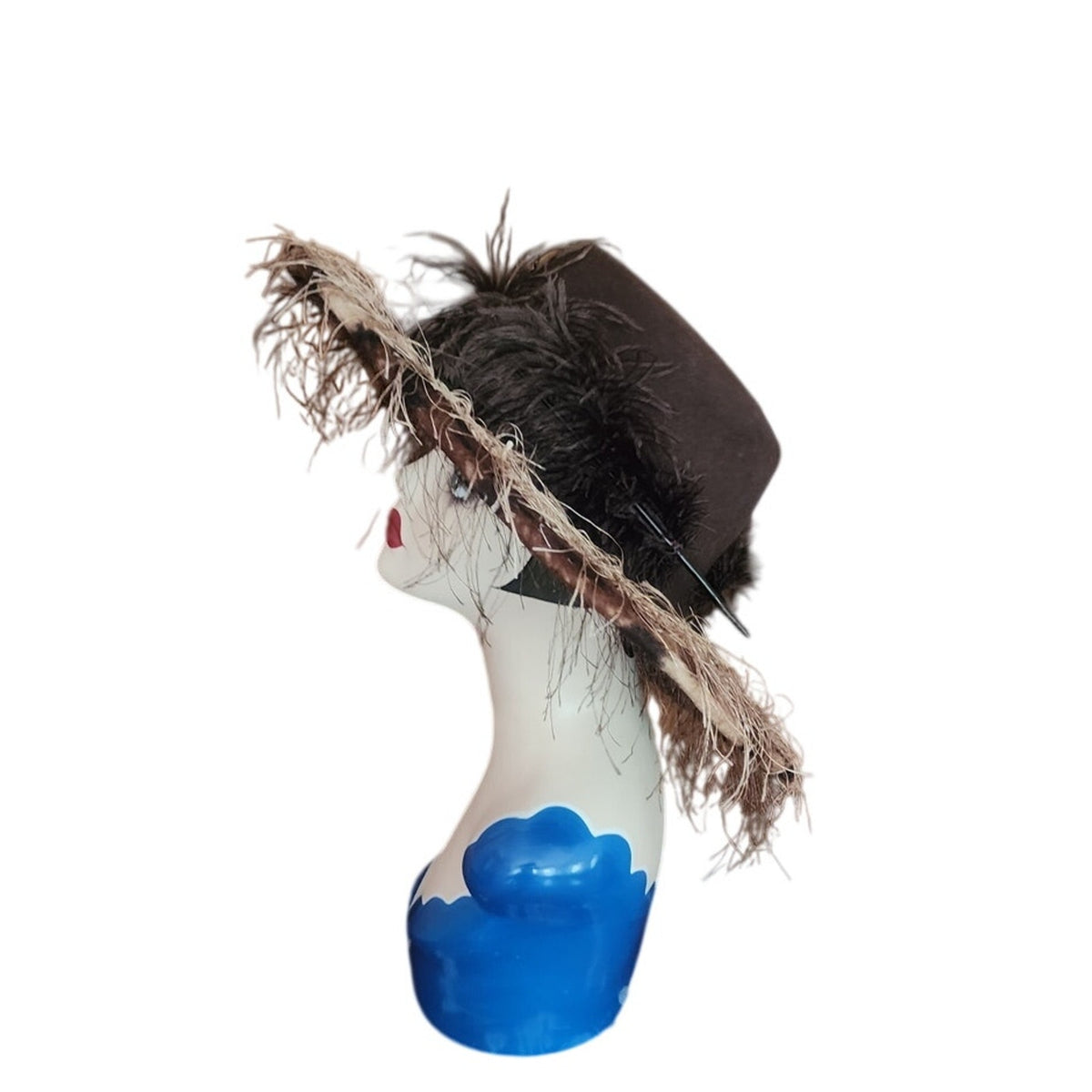 Vintage Y2K Oversized Hat Wide Brim Animal Print Feathers Handmade Chapeau Puccio