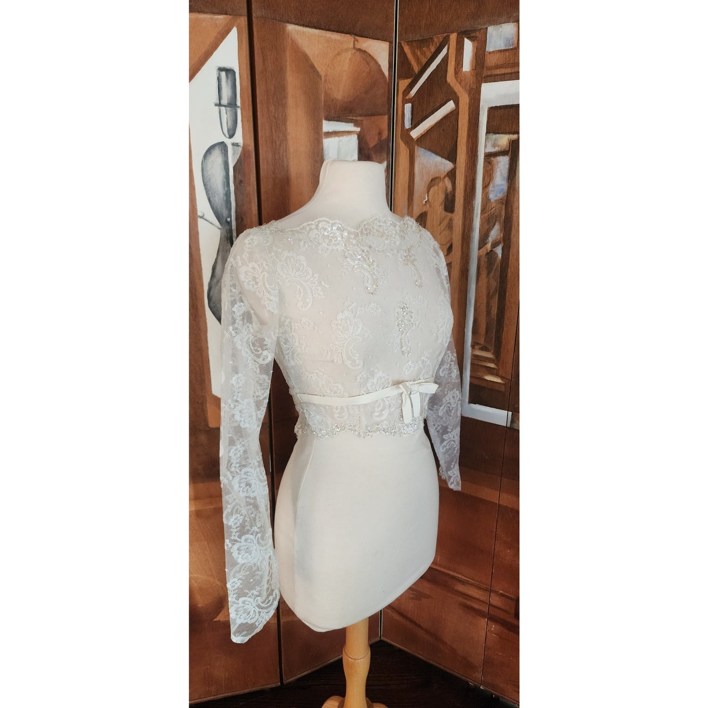 Vintage 50s Bridal Top Jacket Sheer White Lace & Sequins Long Sleeved