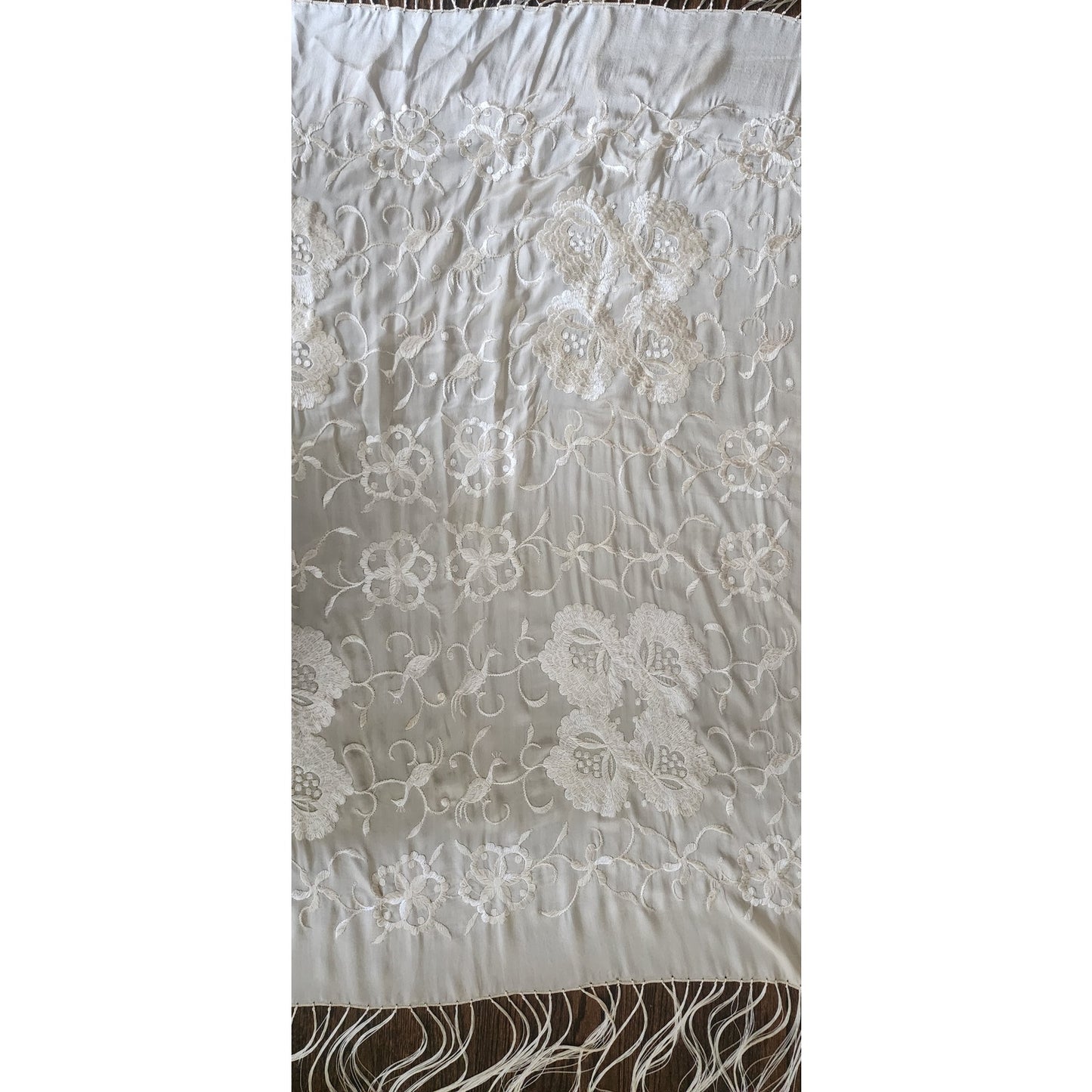 Vintage 1920s Piano Shawl Ivory Silk Embroidered Long Macrame Fringe Manila Evening Wrap