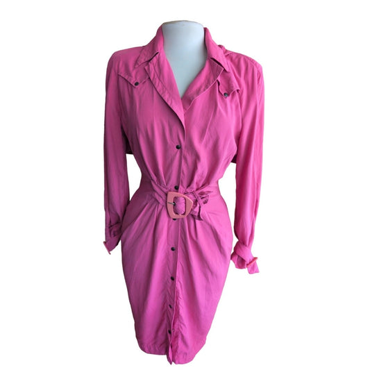 Vintage 80s Pink Silk Dress Long Sleeves Belt & Hood / S