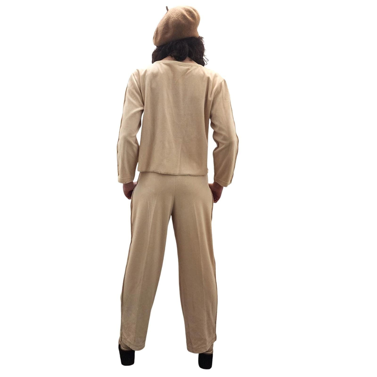 Vintage 1990s Sonia Rykiel Track Suit Beige Velour Gold Logo Buttons Top Pants
