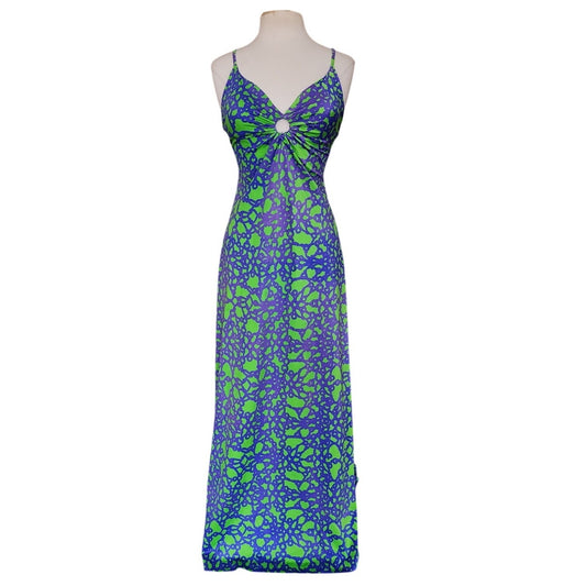 Vintage 70s Elisabeth Stewart Maxi Dress Green Purple Psychedelic Floral Print Pool Beach Resort