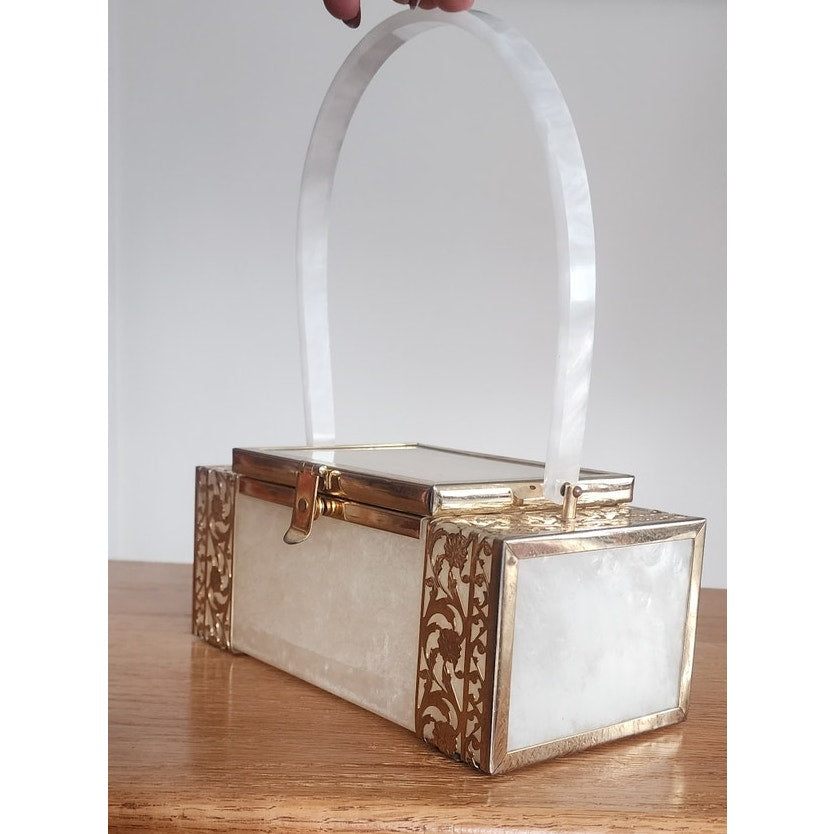 Vintage 1950s TYROLEAN NY Lucite Box Bag Pearl White Silver Filigree Art Deco