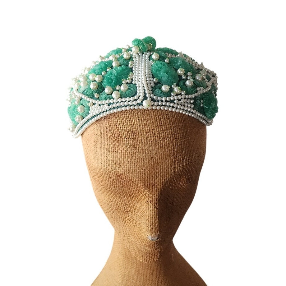 Vintage 1950s Ornate Cocktail Hat Green White Beaded Exotic