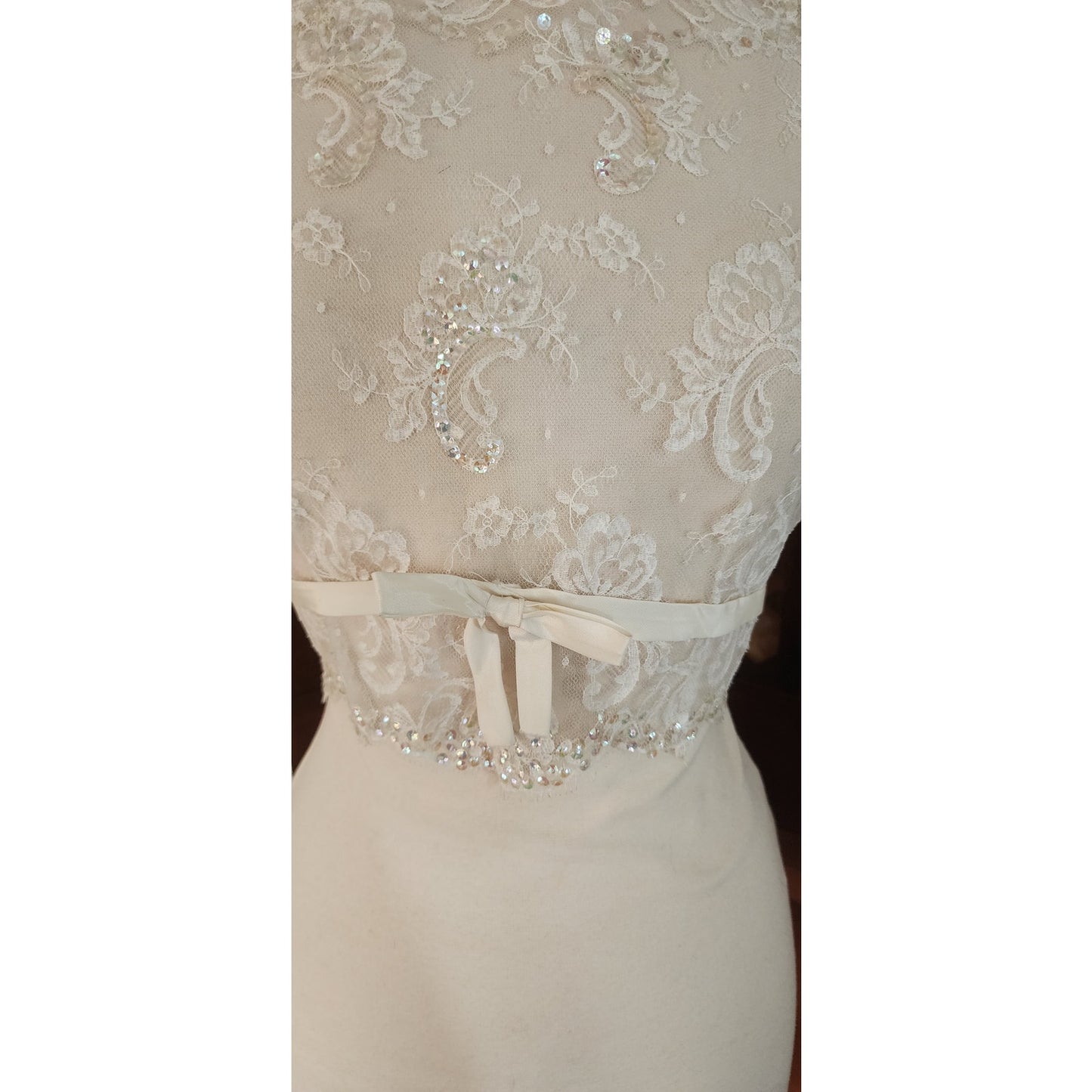 Vintage 50s Bridal Top Jacket Sheer White Lace & Sequins Long Sleeved