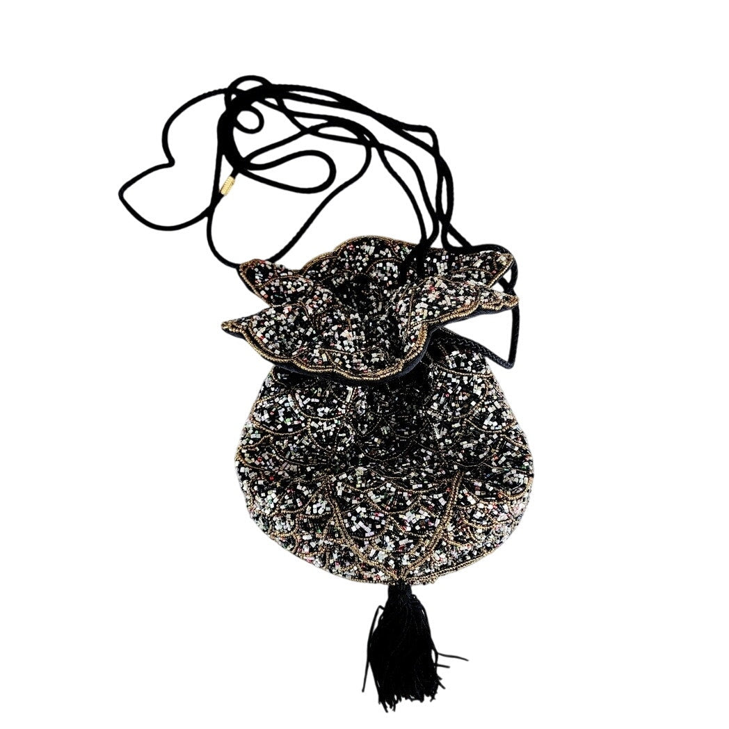 Vintaged Beaded Evening Blac Black Silk Drawstring Crossbody Purse