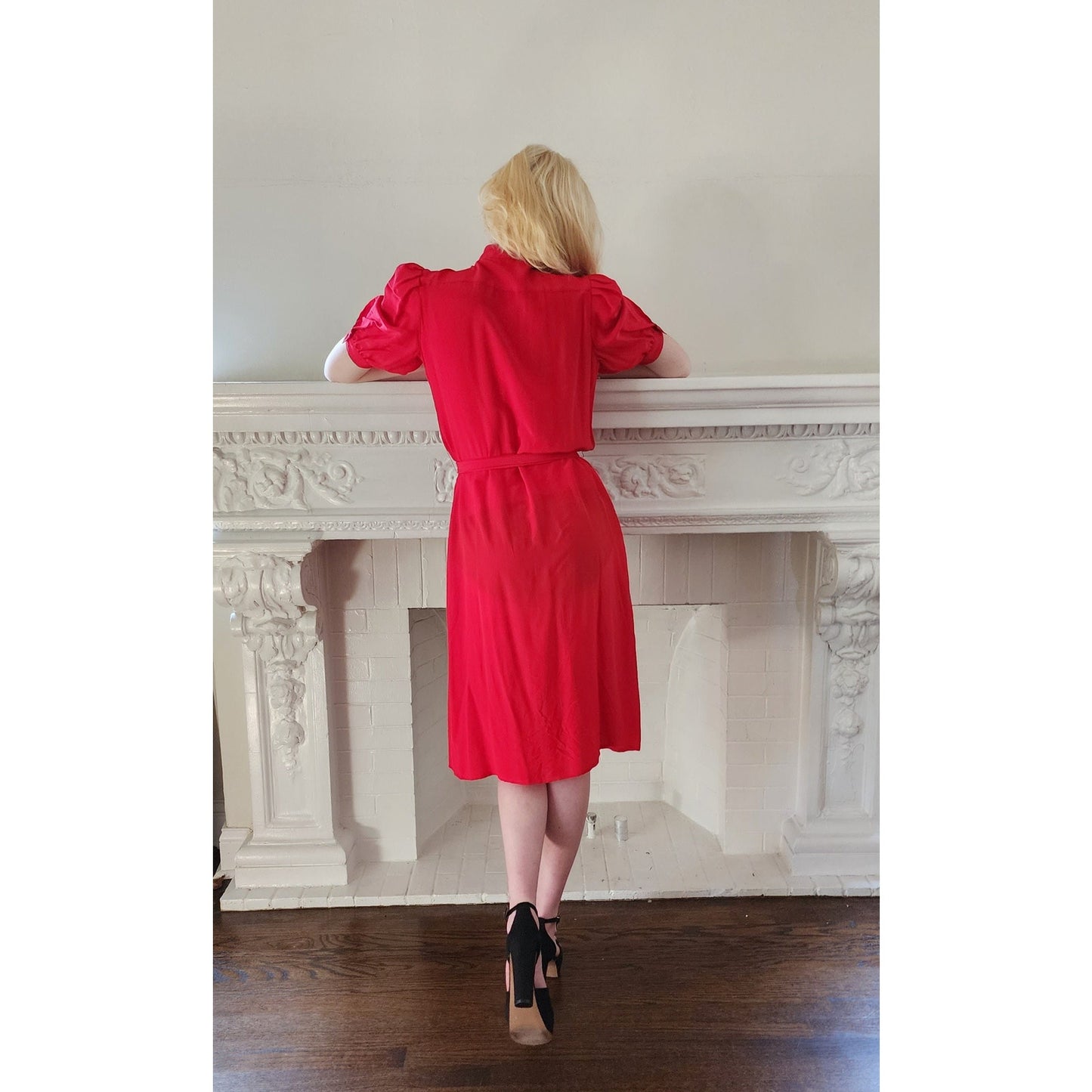 Vintage 80s Red Silk Dress Short Sleeves Belted