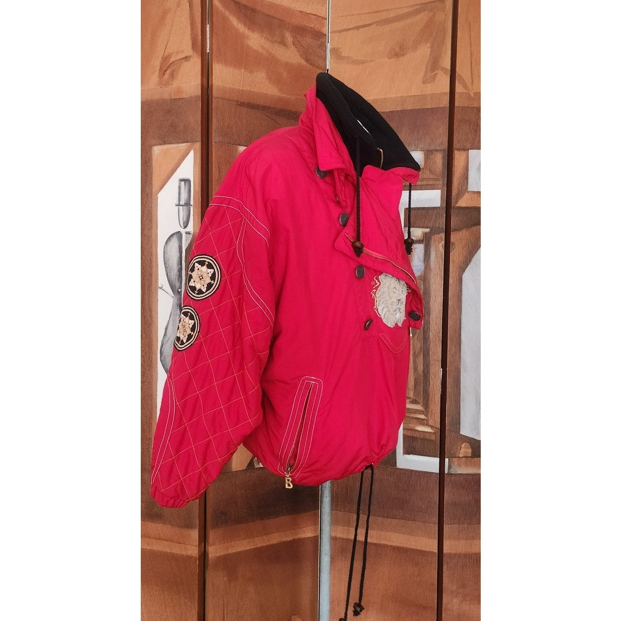 Vintage 1990s Bogner Ski Jacket Goan Thylmann Red Alpine Parka Lion Emblem Fleece Liner