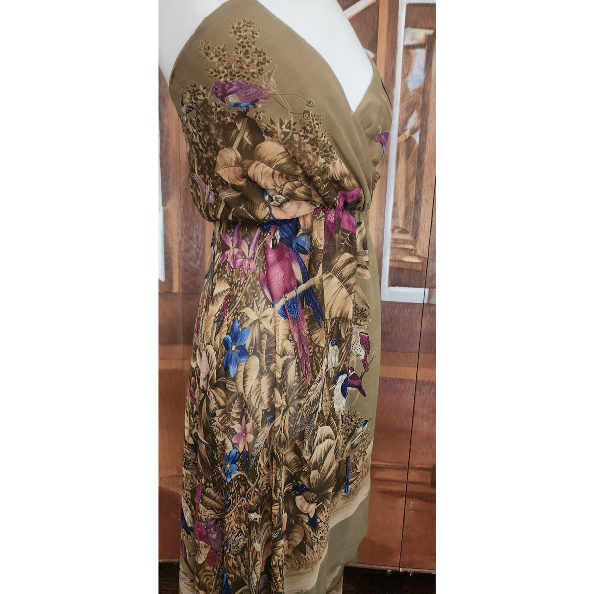Vintage Vintage 1970s Gianni Versace Dress Silk Parrot Print Handkerchief Hem Slip Style Small