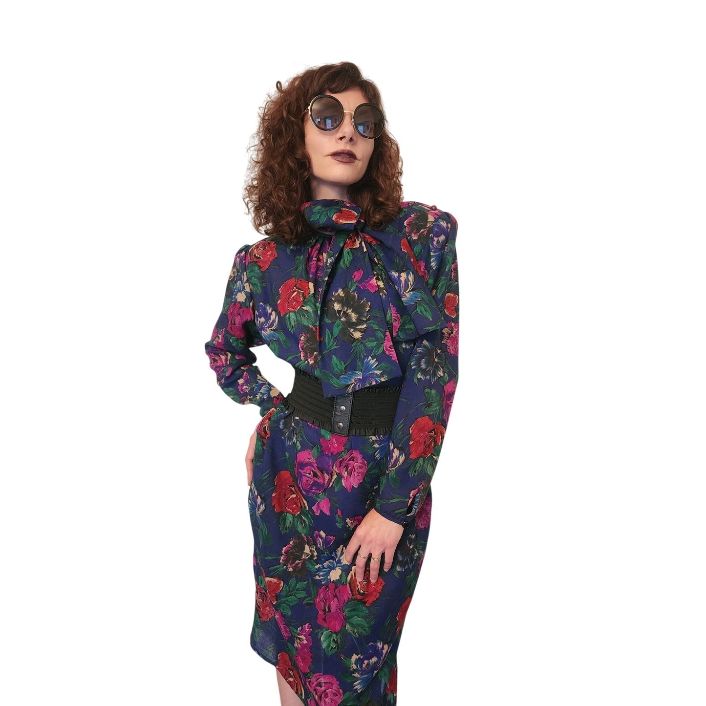 Vintage 1980s UNGARO Sac Dress Dark Floral Print Wool w/Sash Necktie / M