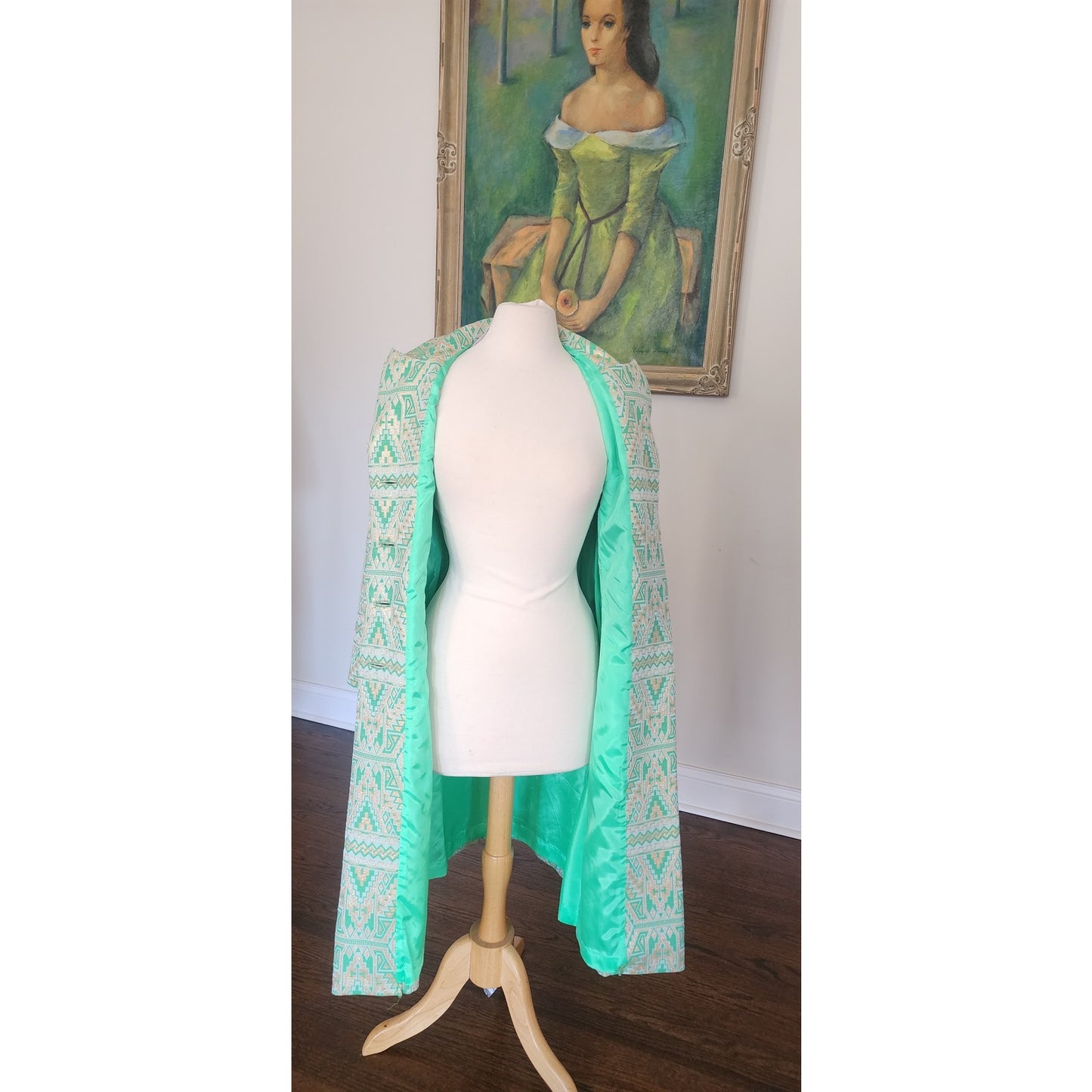 Vintage 1960s Belted Coat Mod Green Print Geometric Abstract Chas A Stevens