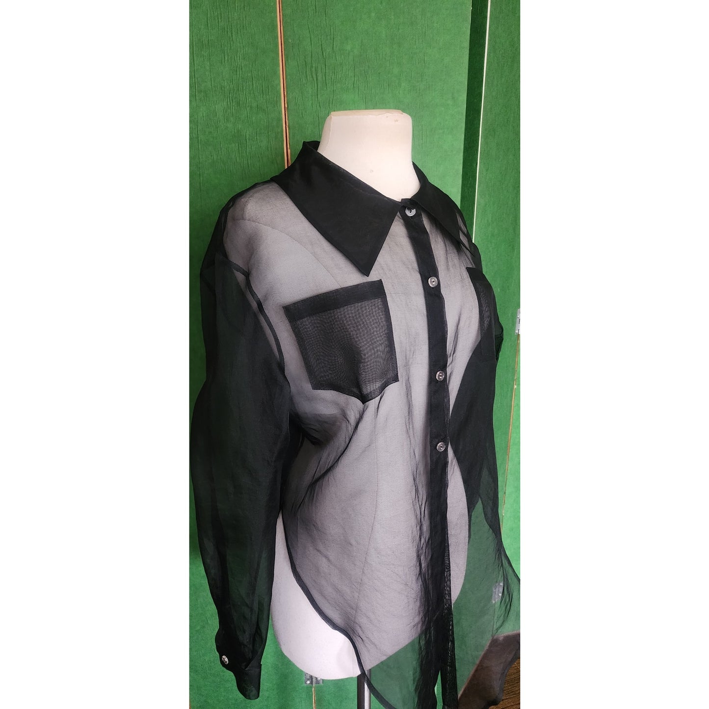 Vintage 90s Designer Blouse Black Sheer Silk Shirt Tie Front Victoria March Chicago