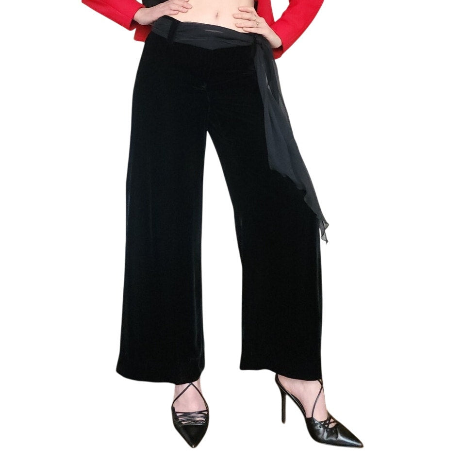 Vintage 2000s Wide Legged Pants Black Velvet w/Silk Tie Scarf Belt ITW Claude Brown / M