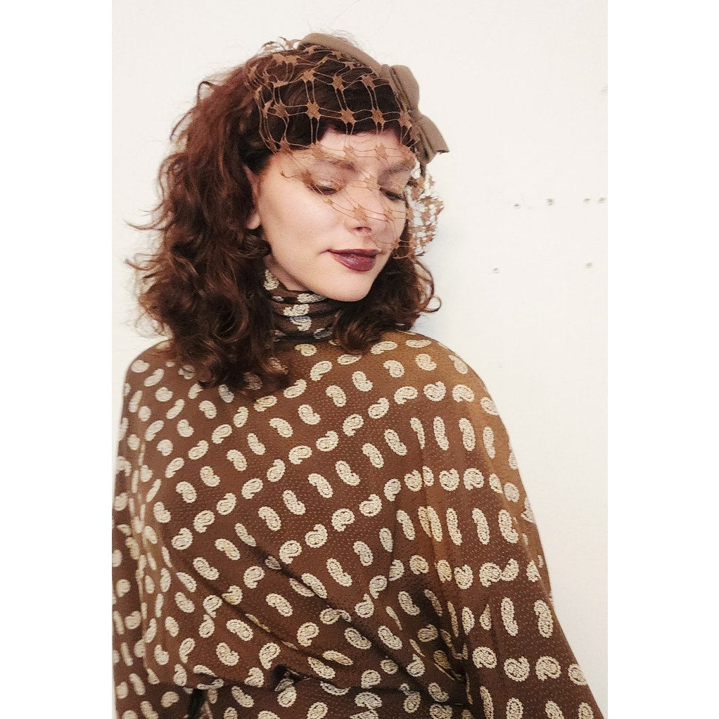 Vintage 80s GENNY Silkprint Blouse Tunic Paisley Print Brown White