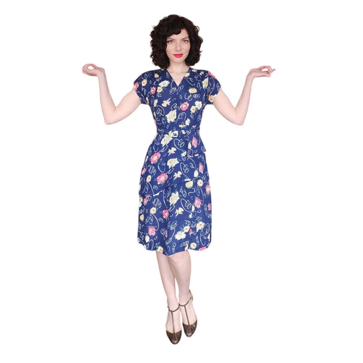 Vintage 40s Rayon Print Midi Dress Dark Blue Floral w/Belt & Diagonal Peplum
