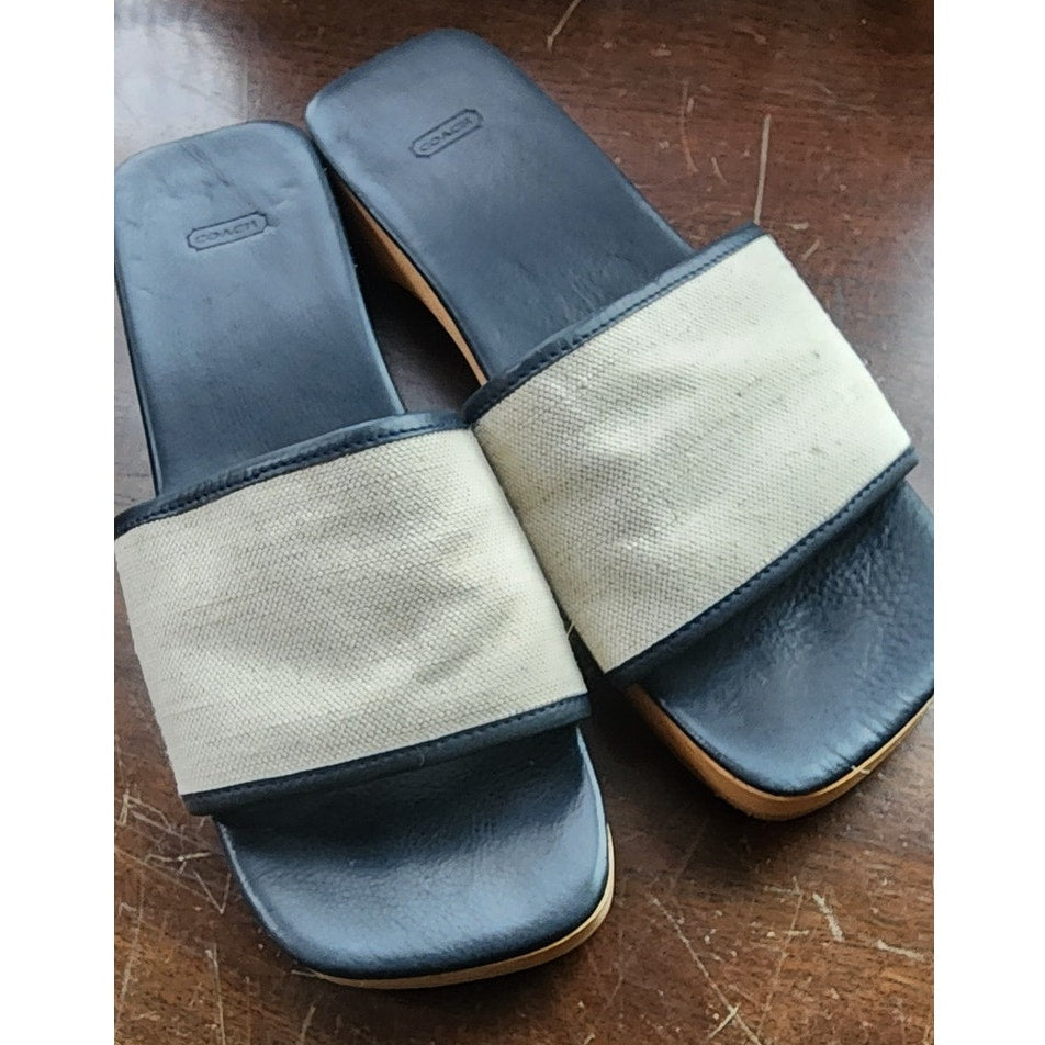 COACH Mules Canvas & Wood Block Heel Slides Sandals 7