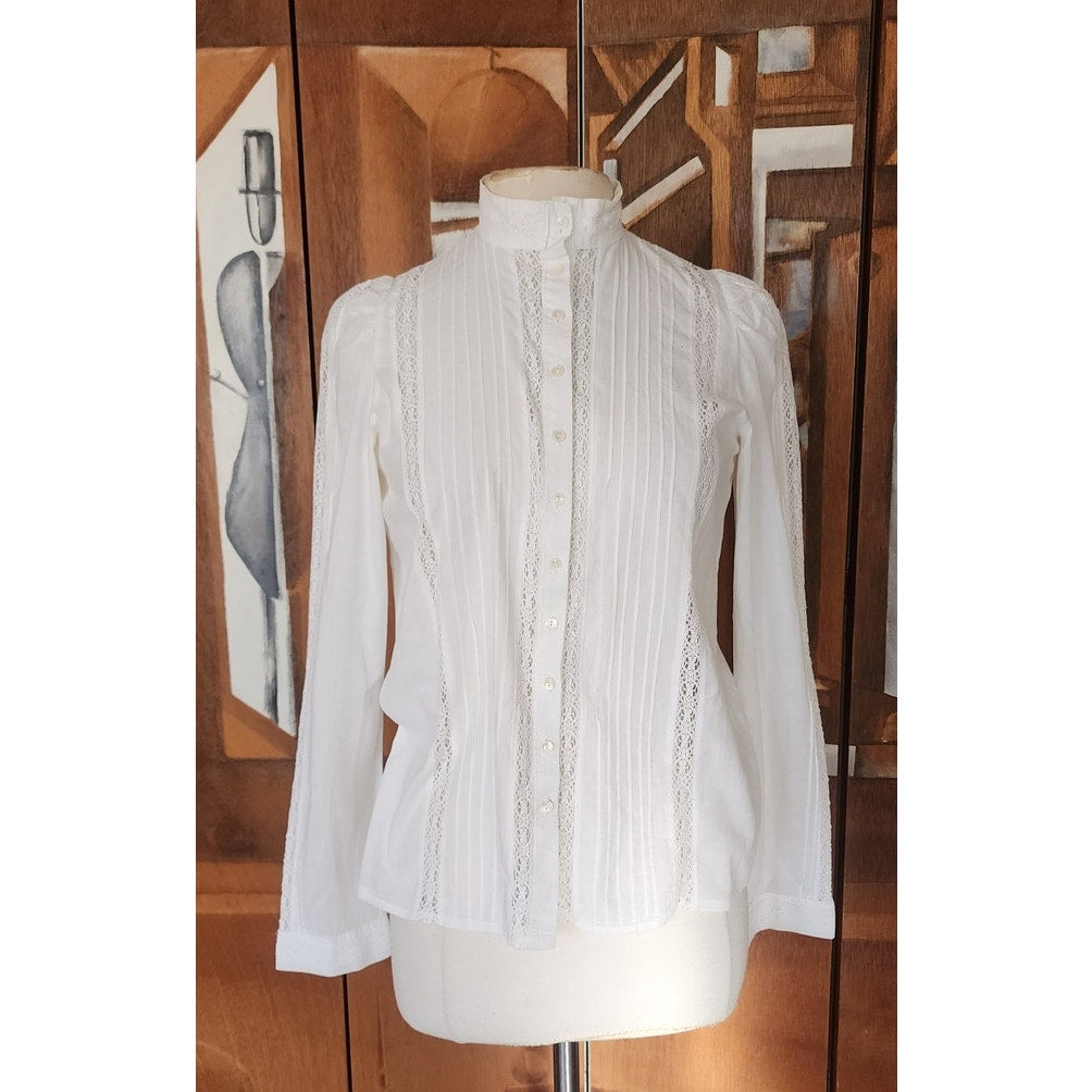 Vintage 70s Laura Ashley Blouse White Cotton Lace Crochet High Collar Puffed Shoulders Neo Edwardian