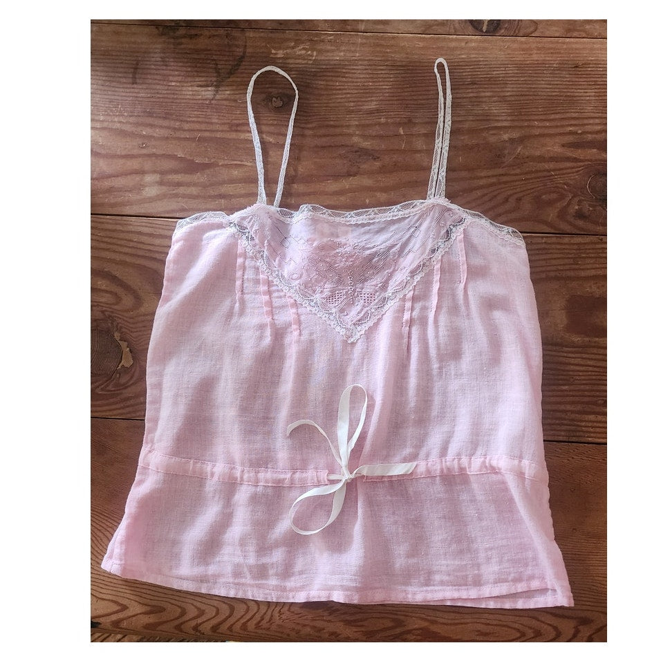 VTG 1980s Pink Cotton Lace Top Shell Embroidered Neo Edwardian Romantic Shirt