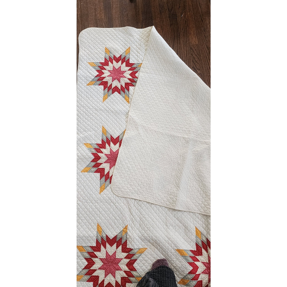 Antique American Quilt 1800s Star Of Bethlehem Cotton Turkey Red Cheddar Yellow on Ivory
