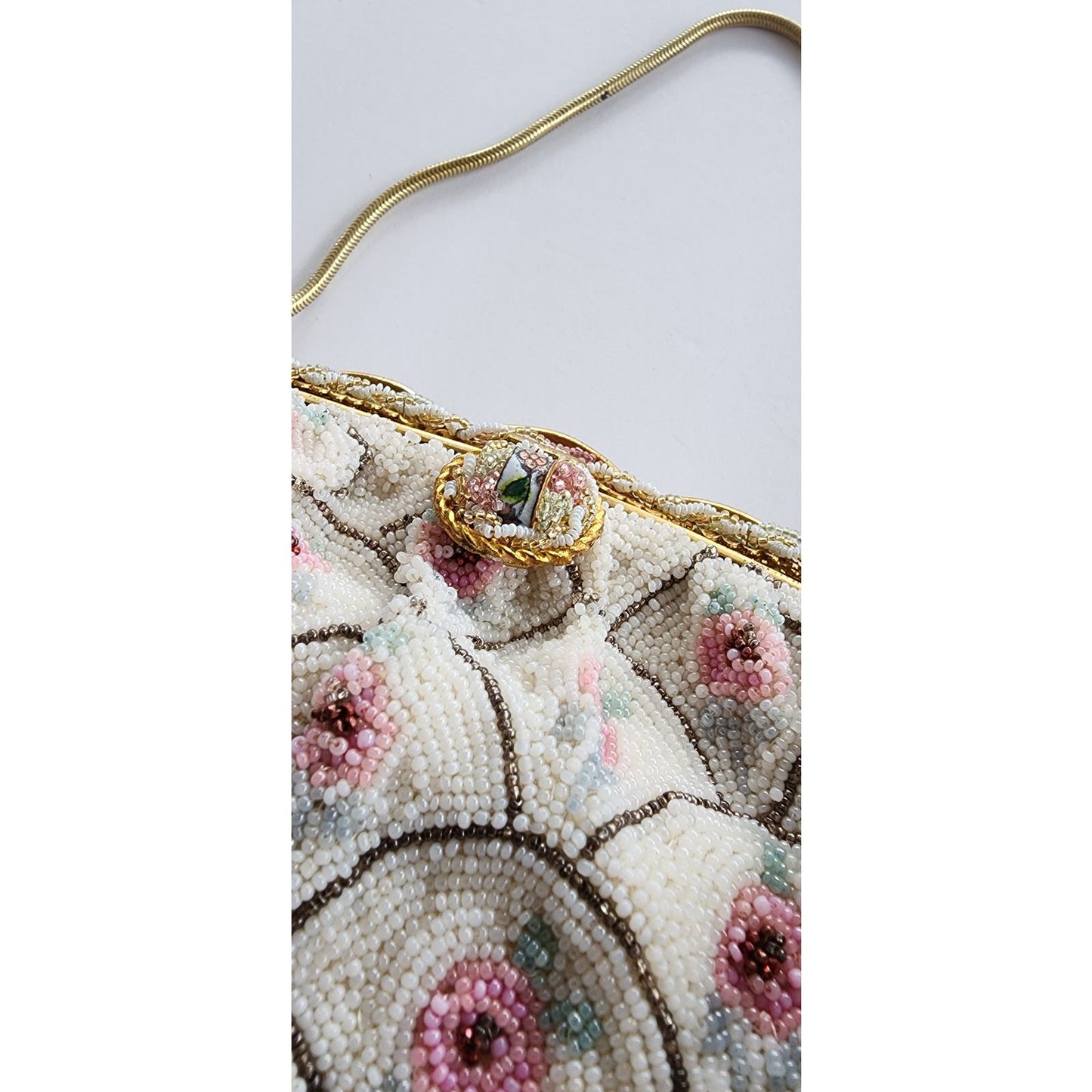 Vintage 50s Beaded Handbag Michel Swiss White Pastel French Purse Microbeading