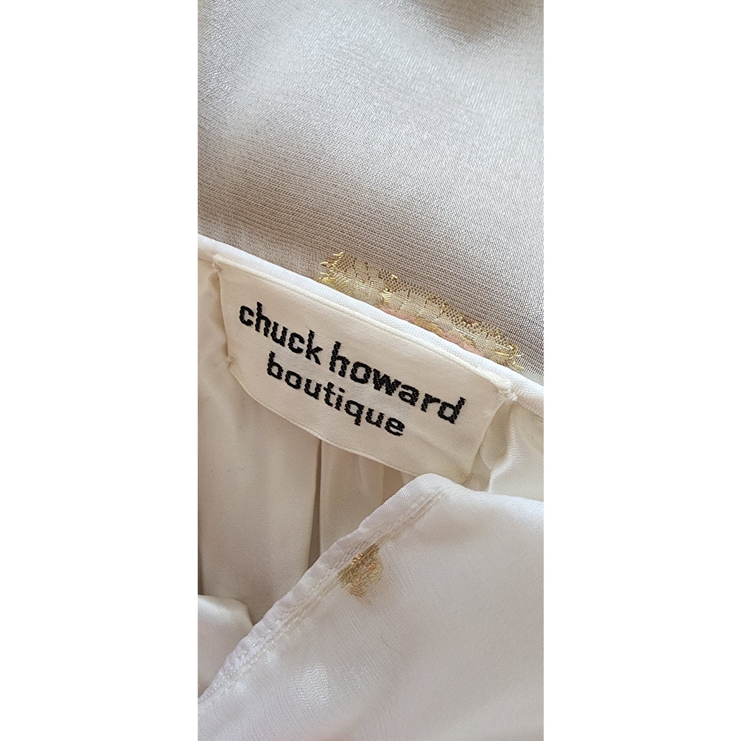 Vintage 70s Boho Party Dress White Gold Organza Chuck Howard