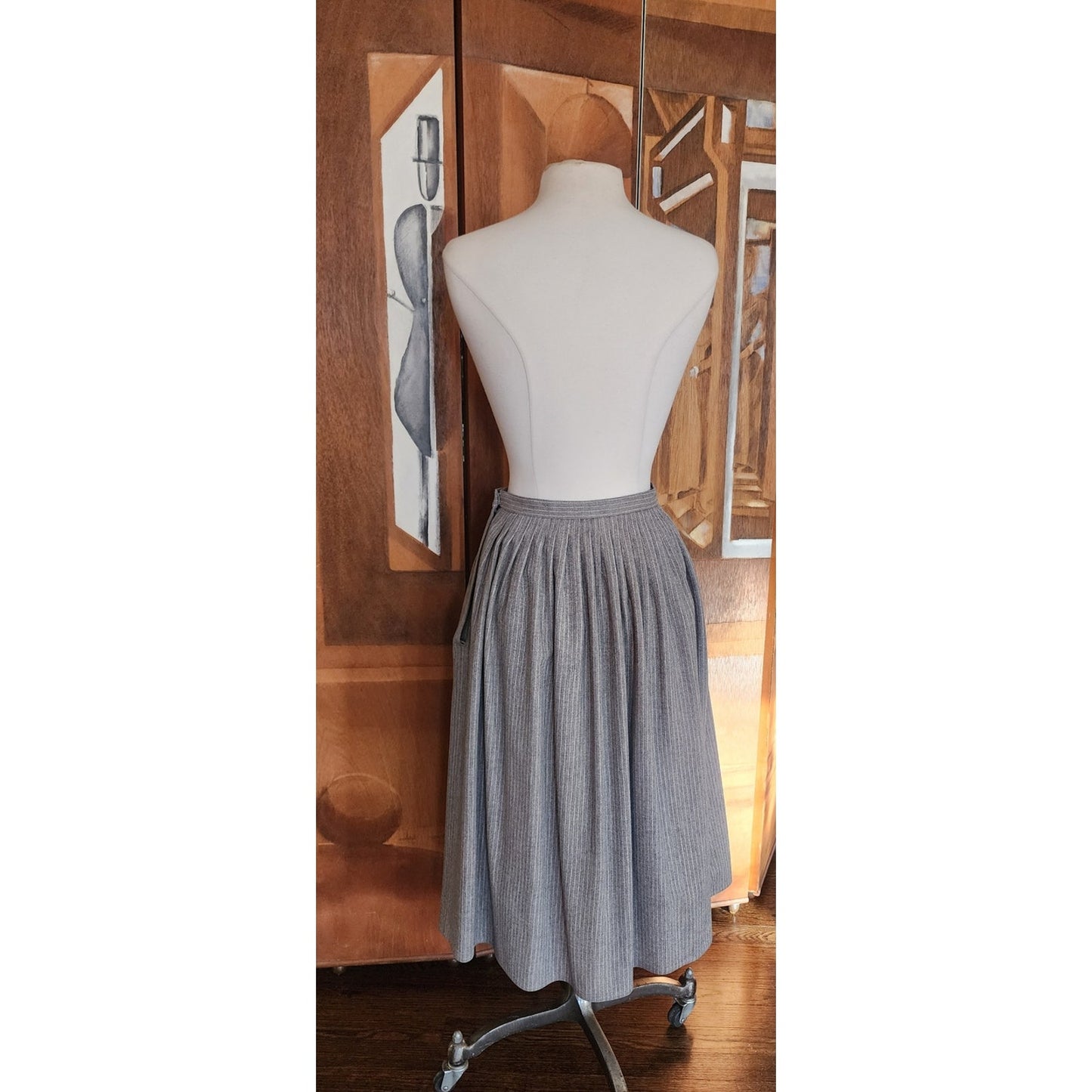 Vintage 70s Geoffrey Beene Bag Midi Skirt Gray Pinstriped Wool A Line / M