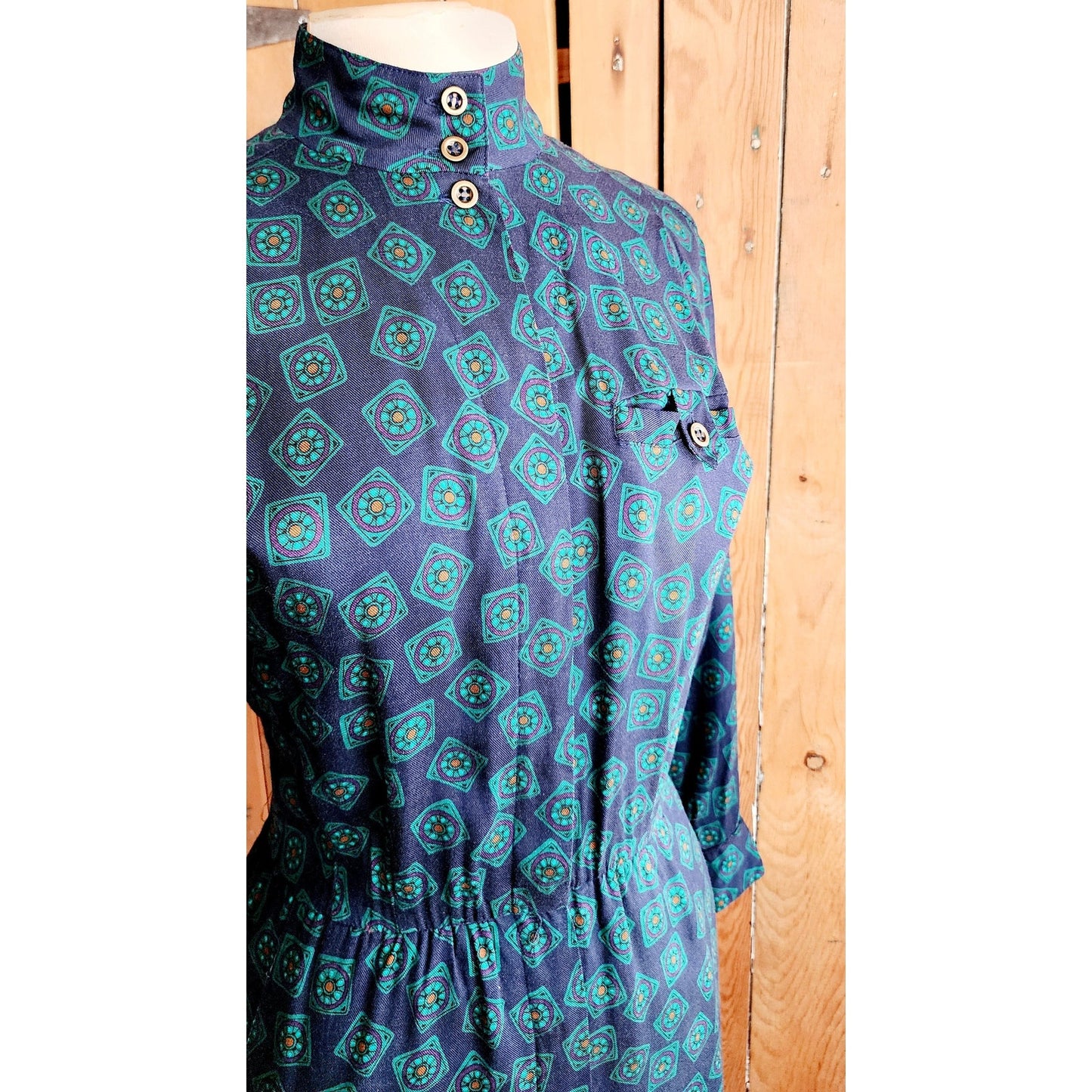 Vintage 80s Liz Claiborne Button Down Dress Green Blue Print