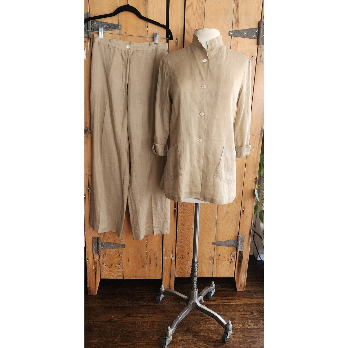 Vintage 90s Jil Sander Pant Suit Beige Ramie Nehru Jacket + Slacks