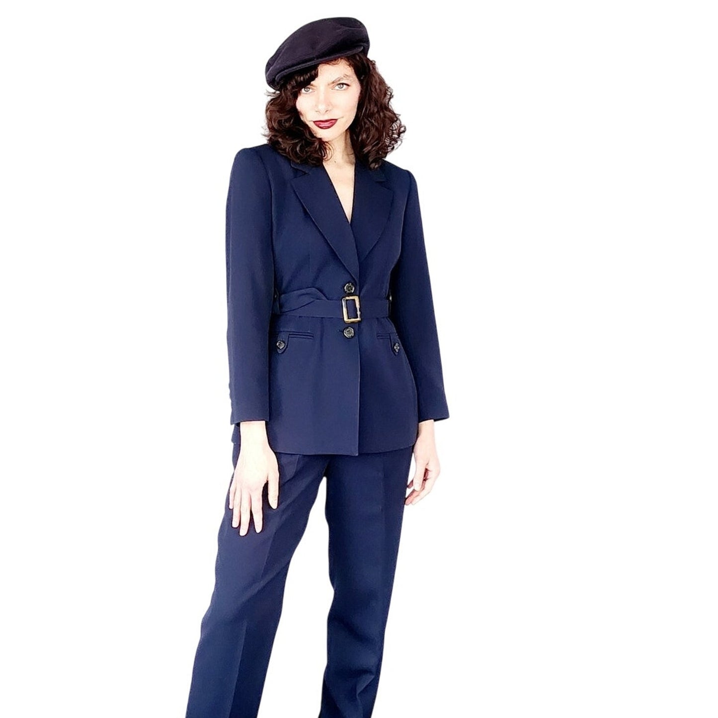Vintage 1990s Navy Blue Pant Suit w/Belted Blazer Kasper /S