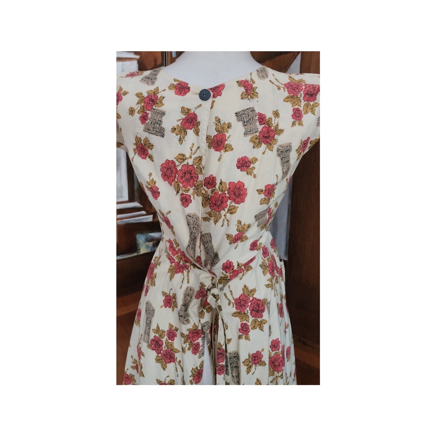 Vintage 50s Swirl Wrap Dress Cotton Rose Classical Columns Print Apron Housewife Full Skirt Pockets